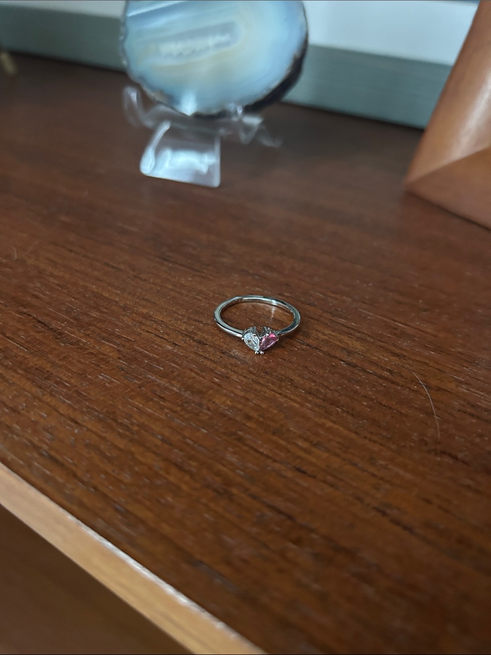 Pink and clear Gemstone Ring dainty - silver